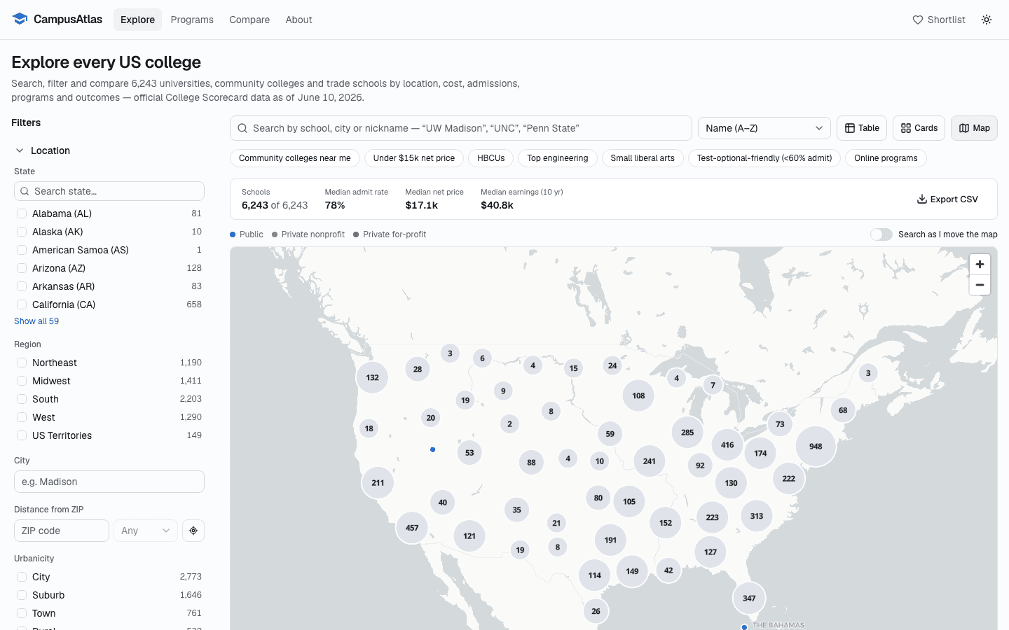 Map view with every US college clustered by location